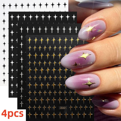 8Pcs Red Heart Nail Stickers 3D Bronzing Silver Gold Heart Shape Star & Moon Metal Totem Nail Slider Self-Adhesive DIY Nail Art*