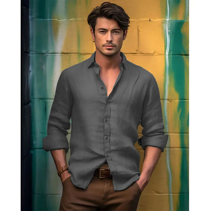 Men's Slim Fit Long-Sleeve Cotton Linen Shirts for Men Business Casual Button Down Shirt Lightweight Breathable Shirts
