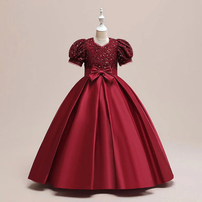 Sequin Elegant Kids Party Dresses For Girls Children Green Christmas Wedding Birthday Gown Bow Girl Princess Evening Dress 4-14Y