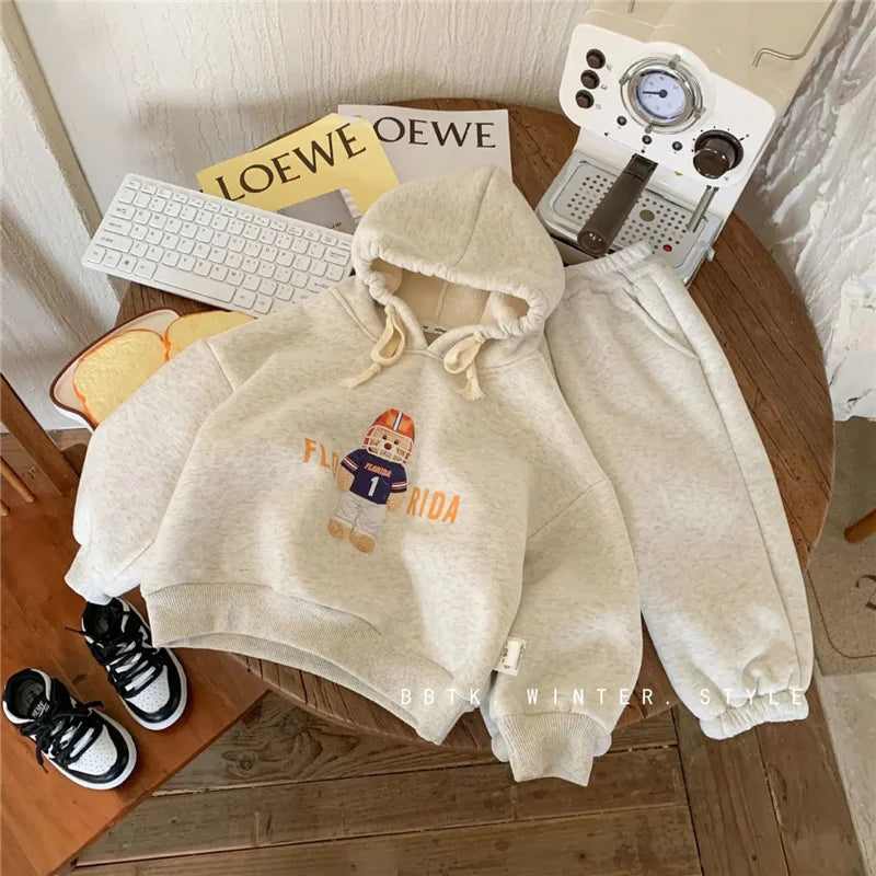 Kids Sweatshirt Sets Autumn Winter Thick Warm Outfits Boys Girls Bear Print Pullover+Pants 2Pcs Baby Causal Long Sleeve Suits