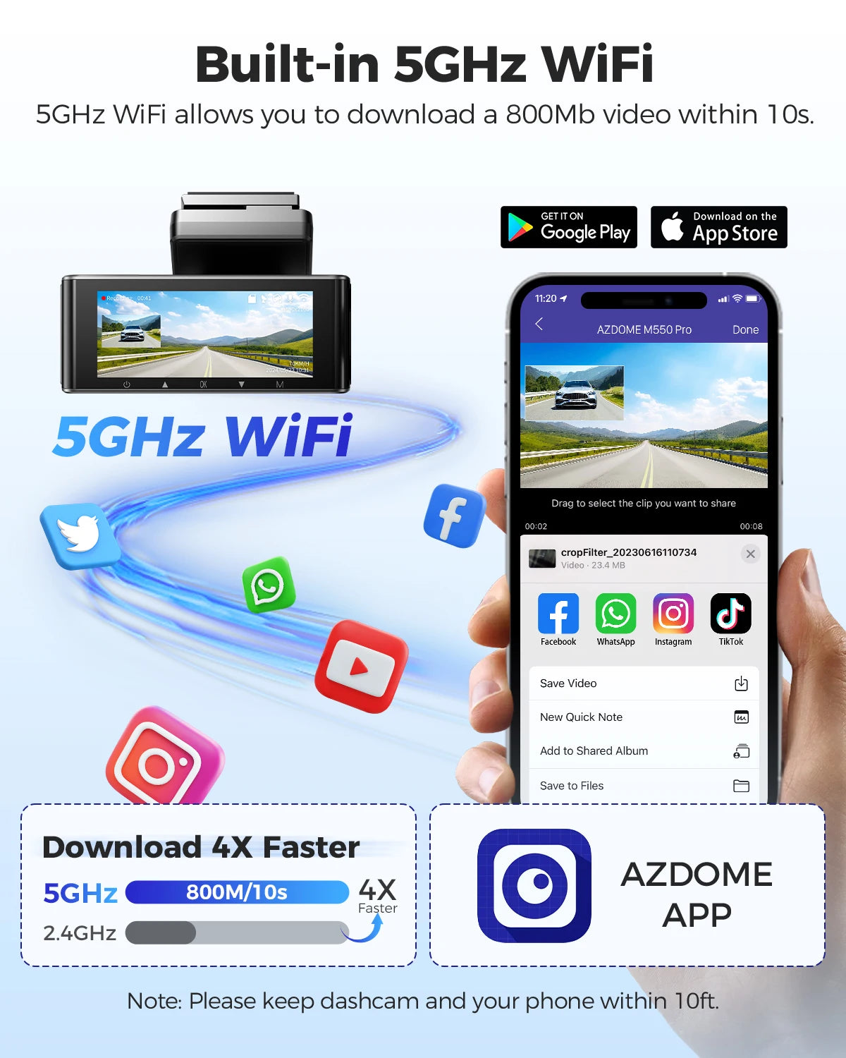 AZDOME M550 Pro 4K+1080P Dash Cam Front and Rear 3.18'' IPS Screen Dashcam 5GHz Wi-Fi GPS 150°FOV Car Camera WDR Night Vision