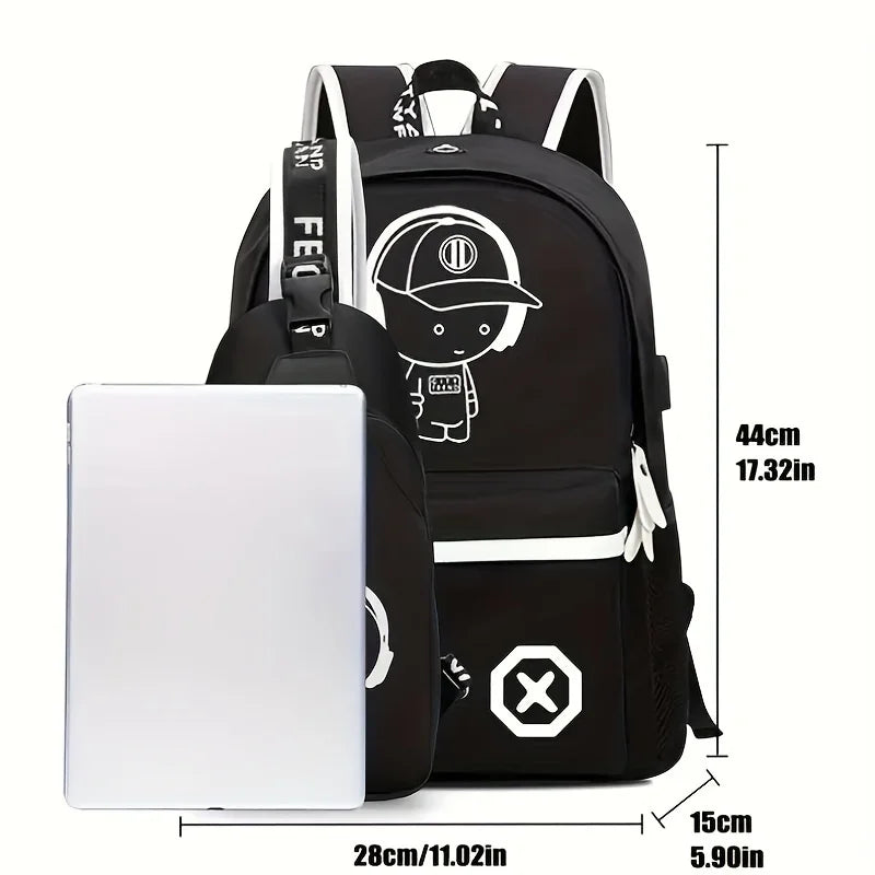 2pc Luminous Student Backpack Set Leisure Shoulder Bag Chest Bag Lightweight Large Capacity Schoolbag Travel Bag with USB Socket