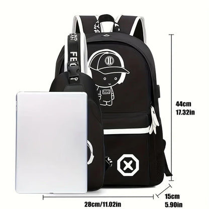 2pc Luminous Student Backpack Set Leisure Shoulder Bag Chest Bag Lightweight Large Capacity Schoolbag Travel Bag with USB Socket