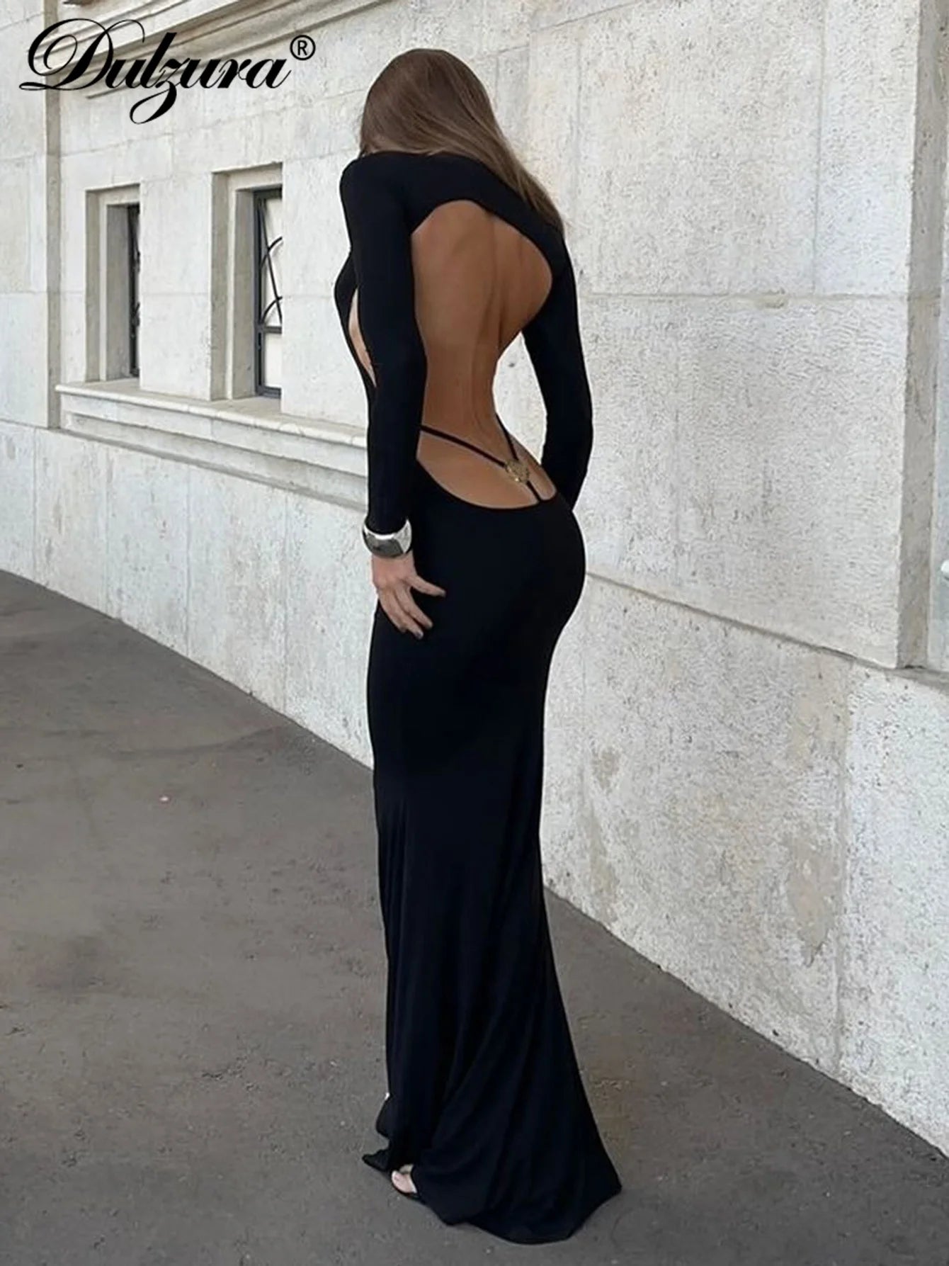 Dulzura Half High Collar Long Sleeves Backless Maxi Dress With Metal Button Solid Sexy Elegant Outfit Party Club Autumn Winter