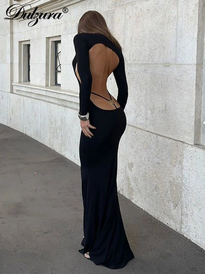 Dulzura Half High Collar Long Sleeves Backless Maxi Dress With Metal Button Solid Sexy Elegant Outfit Party Club Autumn Winter