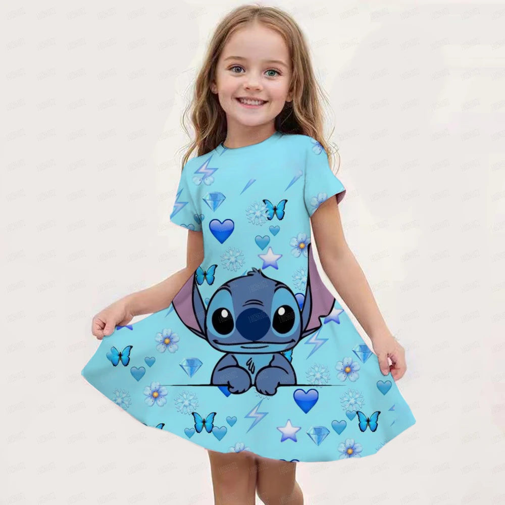 Summer New Children's Clothing 3d Printed Romantic Stitch Cute Girl Short-Sleeved Dress 3-14 Years Old Kids Performance Clothing