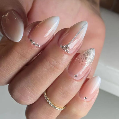 24pcs Black 3D Bow Almond Fake Nails Tips Pearl Love Sequin Design False Nails Art Removable Waterproof Artificial Press on Nail