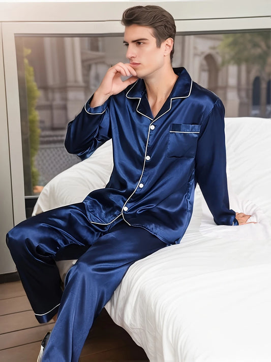 Solid Color Silk Pajamas For Men Long Sleeves Pijama Big size Lounge Male Home Night Wear Suit Satin Pyjama Men's Pajama Sets