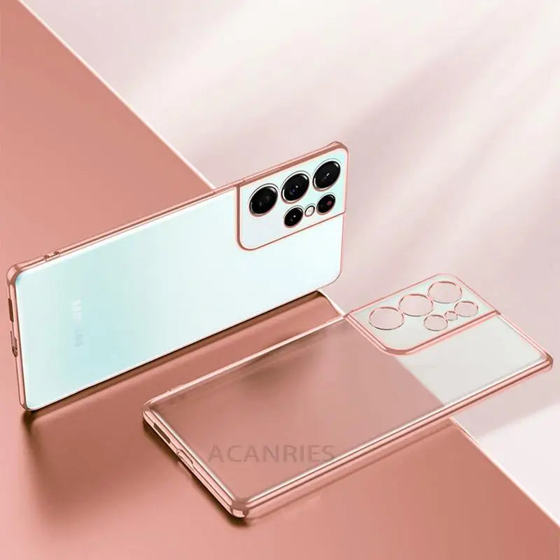 Luxury Gold Plating Phone Case For Samsung Galaxy S21 Ultra S20 Plus S22 S 21 20 5g Camera Protect Transparent Silicone Cover