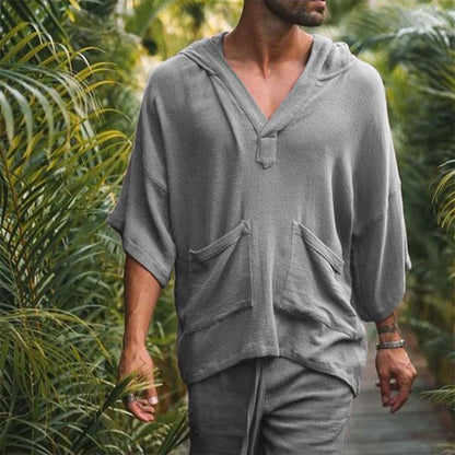 2pcs/set Men Summer Cotton Linen Shirt Set Loose Casual Tops Shorts Suit Short Sleeve Pajamas Comfy Breathable Beach Shorts