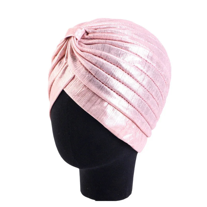 New Women Gold Silver Turban Hats Chemo Bandana Hijab Pleated Indian Cap Turbante Hat Ladies Hair Loss Headscarf Muslim Headwear