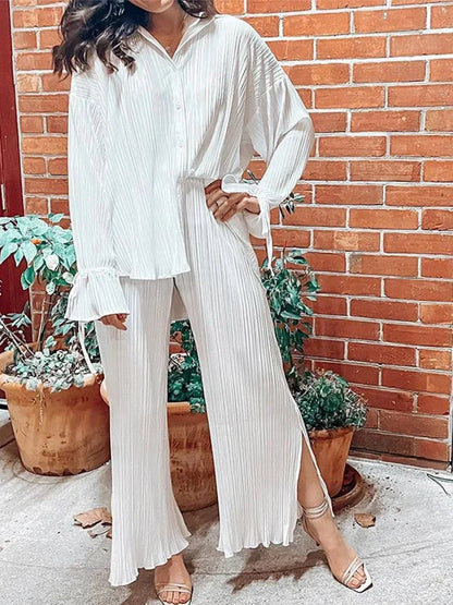 2024 Women Pleated 2 Piece Sets Long Sleeve Blouse Tops And Split Wide Leg Pant Suit Female Fashion Casual Loose Homewear Outfit