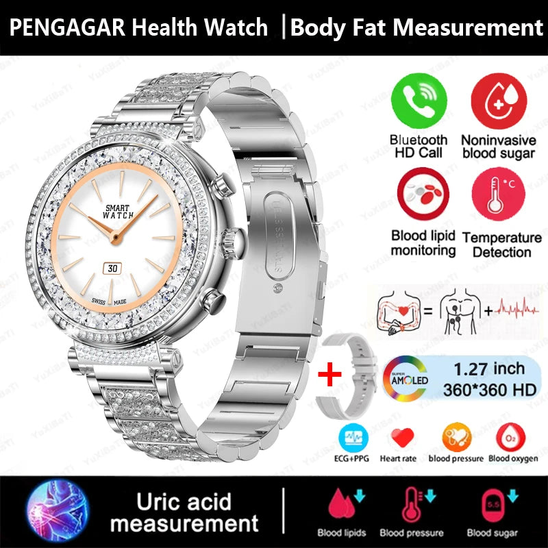 2024 New Women Medical Grade Smart Watch Blood Glucose Uric Acid Blood Lipid Menstrual Health Tester BT Talking smartwatch Women