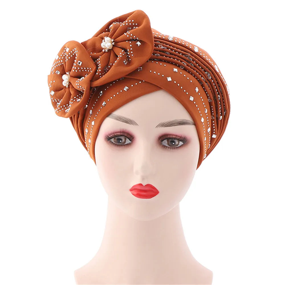 Fashion African Autogele Headtie Nigeria Party Headgear Women Head Wraps Female Turban Cap with Diamonds