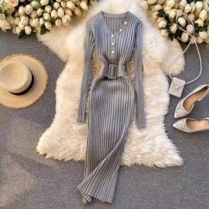 YuooMuoo2024 Autumn Winter Women Ribbed Knitted Dress Elegant V-neck Buttons Bodycon Sweater Dress with Belt Lady Office Vestido