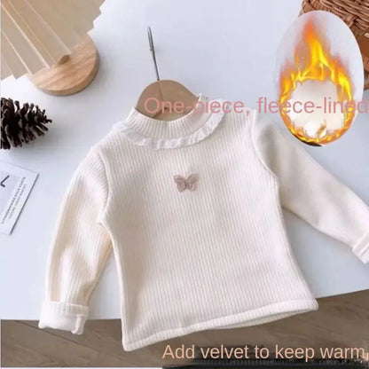 Toddler Baby Girl Velvet Warm Tops Children Turtleneck Butterfly Sweater Shirts 1-13Years Children Base Tops in Pink Beige 6 8 9