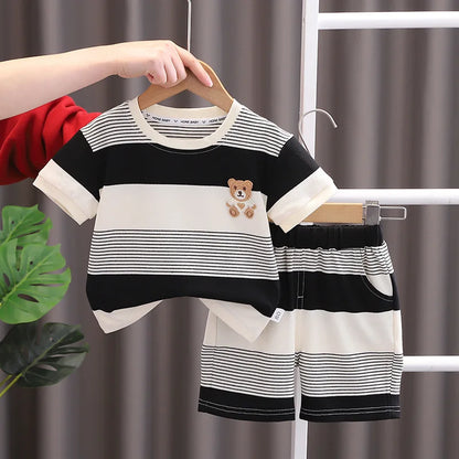 Fashion Summer Kids Baby Boys Striped Suits Cartoon Bear T-Shirt+Shorts Casual Clothes Outfit Girls Clothing 2PCS/Set