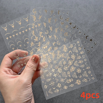 8Pcs Red Heart Nail Stickers 3D Bronzing Silver Gold Heart Shape Star & Moon Metal Totem Nail Slider Self-Adhesive DIY Nail Art*