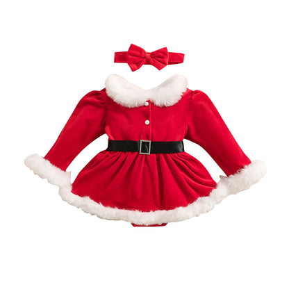 MISOWMNJOY Christmas Baby Party Clothes for Girls Rompers Dress Cute Velvet Skirt Hem Long Sleeve Toddler Bodysuit with Headband