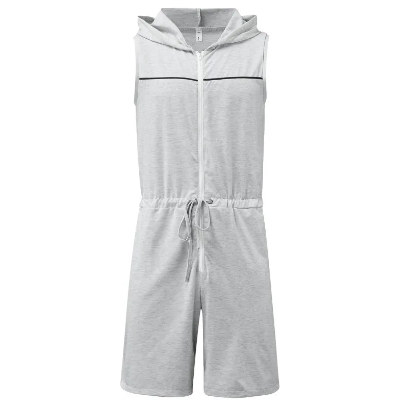 Men's Casual Sleeveless Jumpsuit Breathable Bodysuit Zipper Hooded Rompers Shorts Skinny Home Wear Tracksuit Pajamas 2025 New