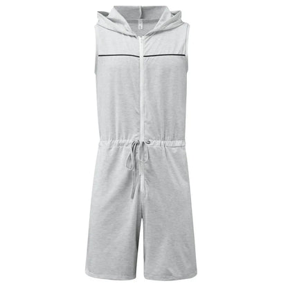 Men's Casual Sleeveless Jumpsuit Breathable Bodysuit Zipper Hooded Rompers Shorts Skinny Home Wear Tracksuit Pajamas 2025 New