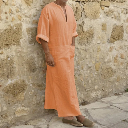2023 New Men Jubba Thobe Kaftan Muslim Arab Islamic V-neck Short Sleeve Solid Cotton Linen Robes Muslim Fashion Arabia Man abaya