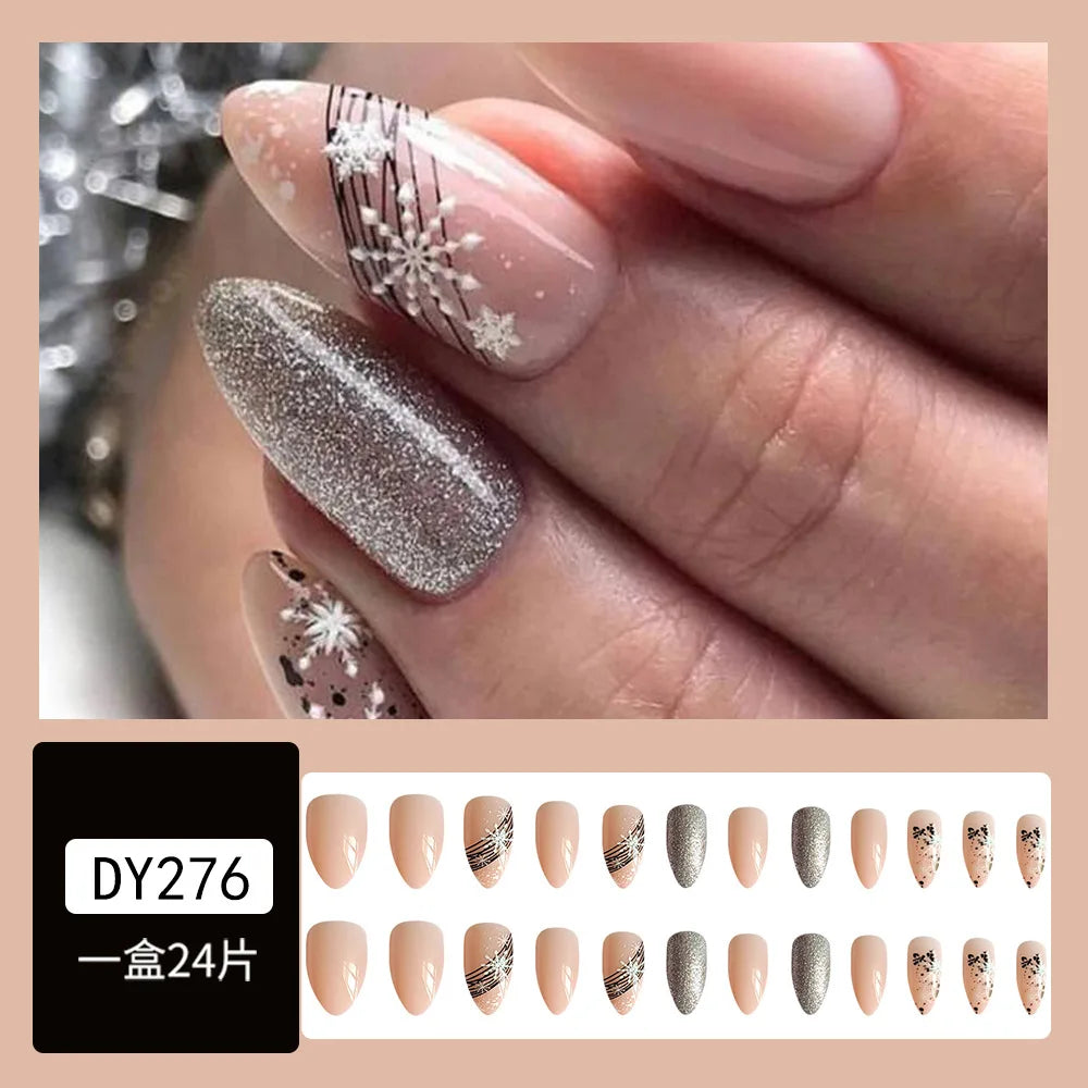 24pcs Black 3D Bow Almond Fake Nails Tips Pearl Love Sequin Design False Nails Art Removable Waterproof Artificial Press on Nail