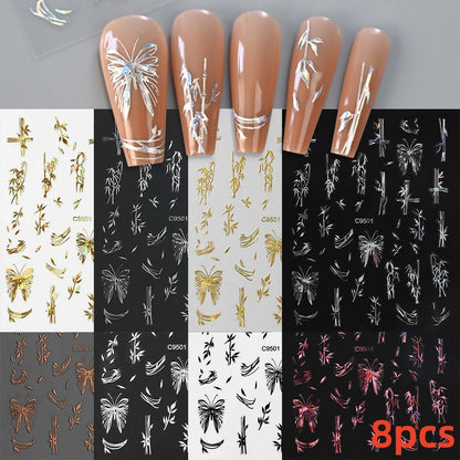 8Pcs Red Heart Nail Stickers 3D Bronzing Silver Gold Heart Shape Star & Moon Metal Totem Nail Slider Self-Adhesive DIY Nail Art*