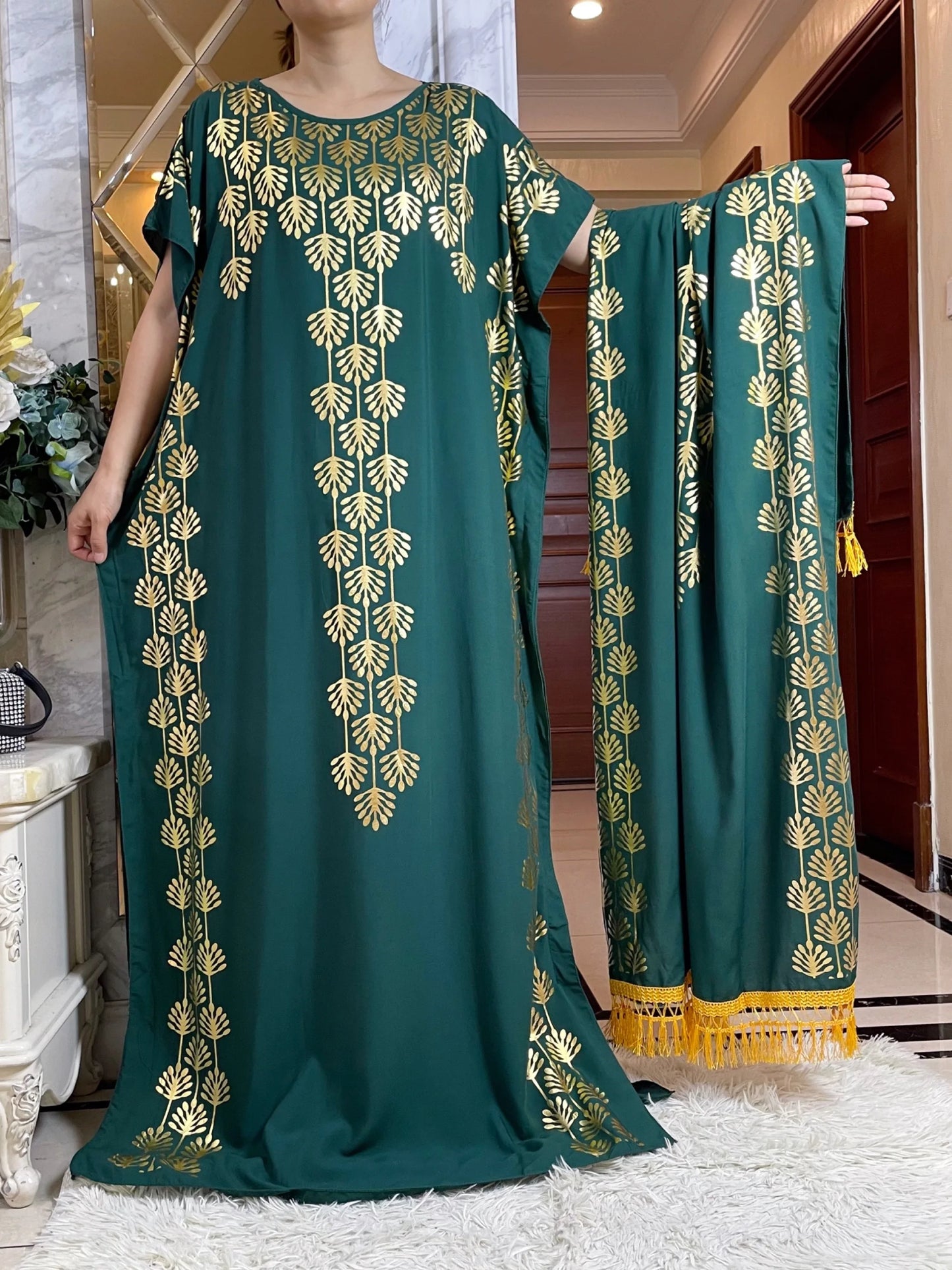 2024 Summer Short sleeve Dress Pure Cotton Gold Stamping Loose Abaya Maxi Islam Dress With Tassels Big Scarf African Long Dress