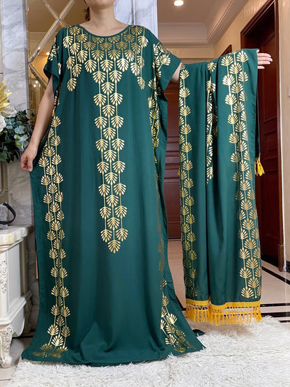 2024 Summer Short sleeve Dress Pure Cotton Gold Stamping Loose Abaya Maxi Islam Dress With Tassels Big Scarf African Long Dress