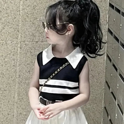 2-9Y Baby and Girls Summer Set Latest Children's Fashionable Knitted Polo Shirt Tank Top Pleated Skirt Two Piece Set