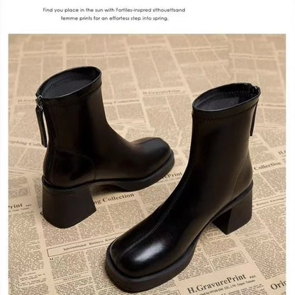 Black Women's Ankle Boots Fashion Back Zippers Short Square Heel Women Shoes Anti-slip Thick Sole Leisure Daily Commute Boots