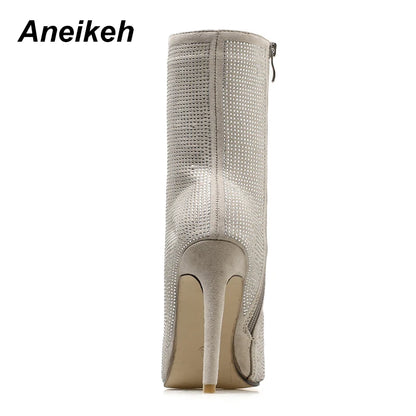 Aneikeh Spring Banquet Sexy Shiny Crystal Rhinestones Women's Ankle Boots High Heels Nightclub Modern Booties For Females Shoes
