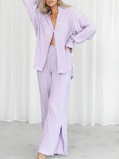 2024 Women Pleated 2 Piece Sets Long Sleeve Blouse Tops And Split Wide Leg Pant Suit Female Fashion Casual Loose Homewear Outfit