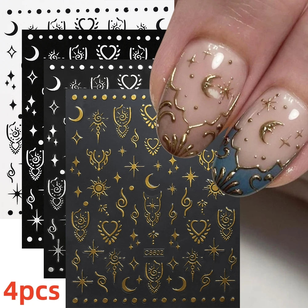 8Pcs Red Heart Nail Stickers 3D Bronzing Silver Gold Heart Shape Star & Moon Metal Totem Nail Slider Self-Adhesive DIY Nail Art*
