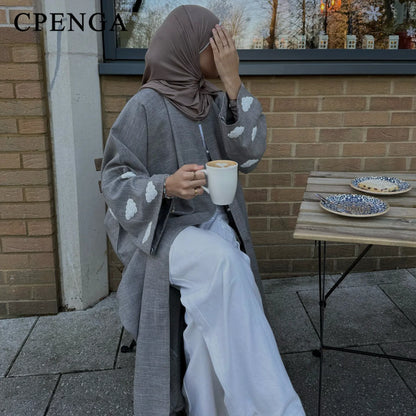 Saudi Clouds Open Abaya Elegant Eid Muslim Modest Coat for Women Islam Turkey Embroidery Dress Cotton Linen Long Sleeve Clothing