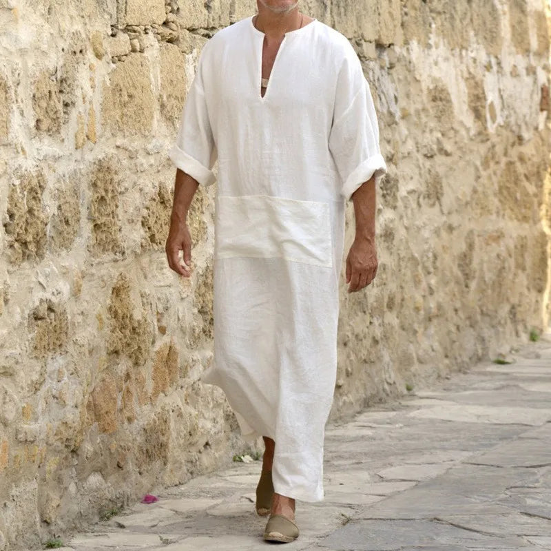 2023 New Men Jubba Thobe Kaftan Muslim Arab Islamic V-neck Short Sleeve Solid Cotton Linen Robes Muslim Fashion Arabia Man abaya
