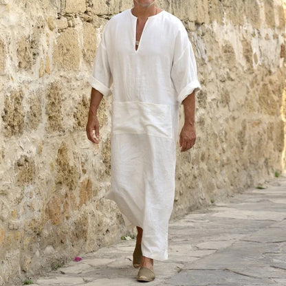 2023 New Men Jubba Thobe Kaftan Muslim Arab Islamic V-neck Short Sleeve Solid Cotton Linen Robes Muslim Fashion Arabia Man abaya