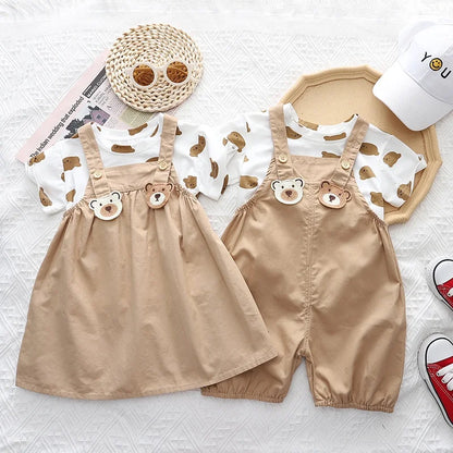 Kids Brother sister Clothes Children Baby Boy/Girl Cartoon T-Shirt Bib Shorts 2pcs/sets Summer Fashion Casual Tracksuit 0-5Years