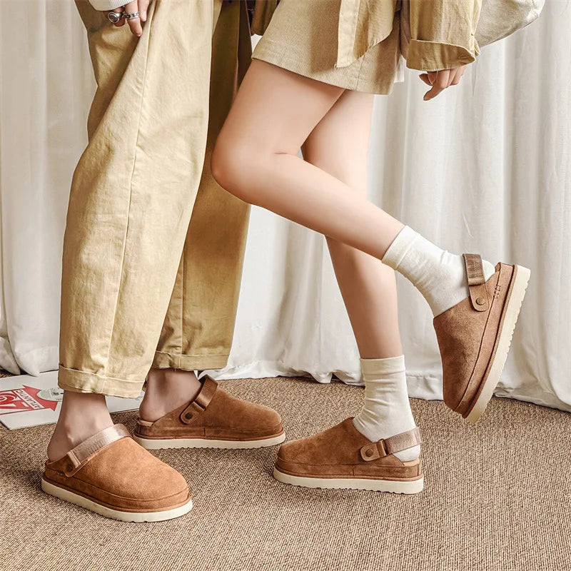 Women's Leather Birke Wrap Toe Slippers Men's Comfort Casual Outdoor Sandals Women's Thick Velcro Flats Mueller Shoes