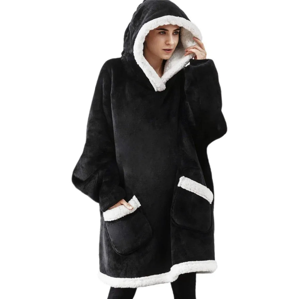 Winter Warm TV Blanket with Sleeves Big Pocket Fleece Family Sherpa Hoodies Oversized Flannel Soft Hooded Robe Blankets