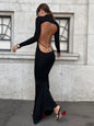 Dulzura Half High Collar Long Sleeves Backless Maxi Dress With Metal Button Solid Sexy Elegant Outfit Party Club Autumn Winter