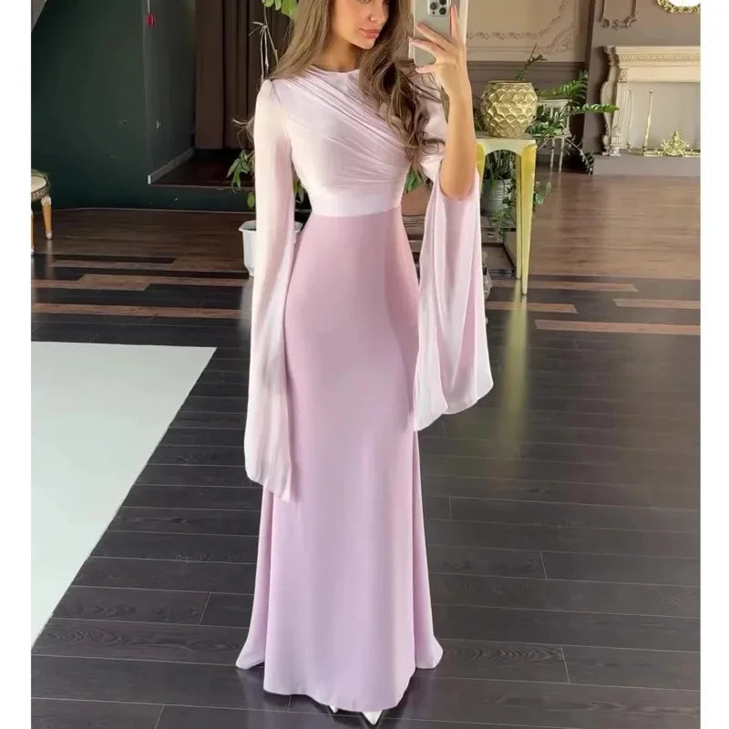 Fashion Satin Solid Robe Dress Women Elegant Batwing Sleeves High Waist Pleats Long Dress Stylish Glass Tulle Slim Evening Dress