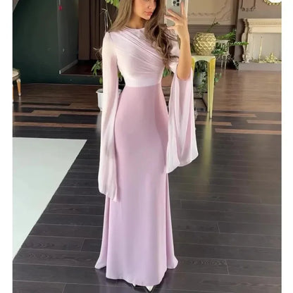 Fashion Satin Solid Robe Dress Women Elegant Batwing Sleeves High Waist Pleats Long Dress Stylish Glass Tulle Slim Evening Dress
