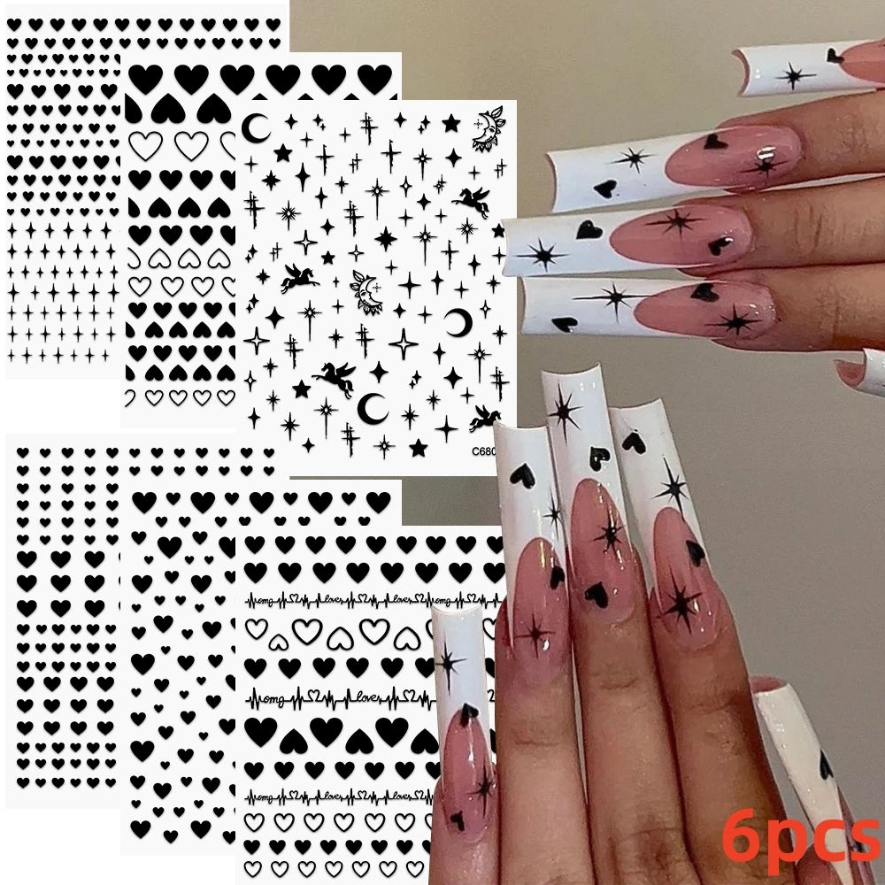 8Pcs Red Heart Nail Stickers 3D Bronzing Silver Gold Heart Shape Star & Moon Metal Totem Nail Slider Self-Adhesive DIY Nail Art*