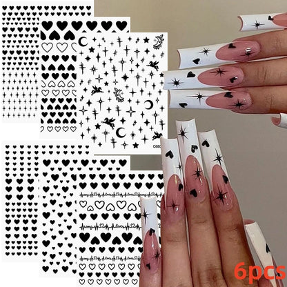 8Pcs Red Heart Nail Stickers 3D Bronzing Silver Gold Heart Shape Star & Moon Metal Totem Nail Slider Self-Adhesive DIY Nail Art*