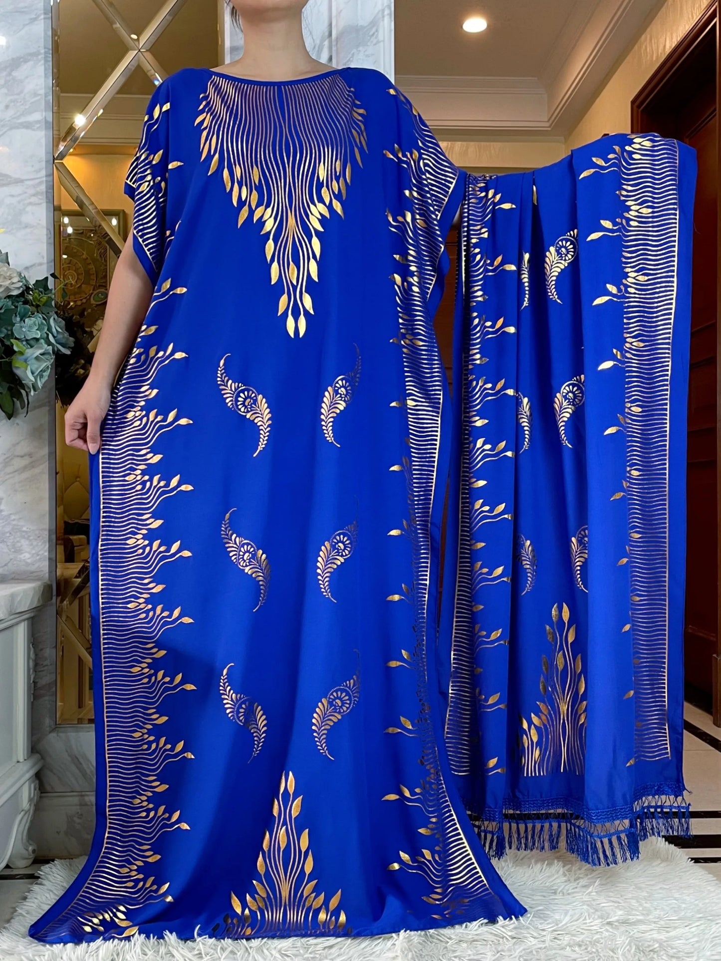 2024 Summer Short sleeve Dress Pure Cotton Gold Stamping Loose Abaya Maxi Islam Dress With Tassels Big Scarf African Long Dress