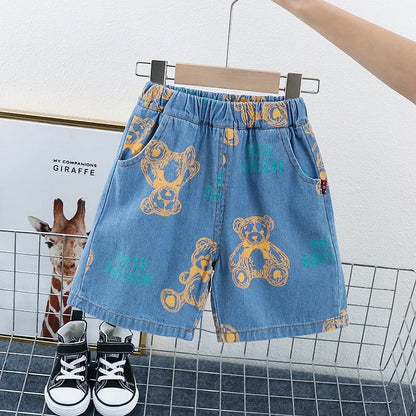 New Summer Boys Denim Clothing Sets Children Fashion Cartoon Bear Coats Shorts 2pcs Tracksuits  Infant Baby Casual Outfits Suits