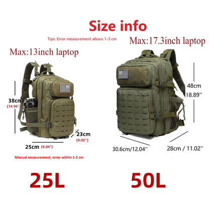 25L/50L Tactical Backpack Bag Hunting MOLLE Backpack GYM For Men EDC Outdoor Hiking Rucksack Witch 2 Bottle Holders
