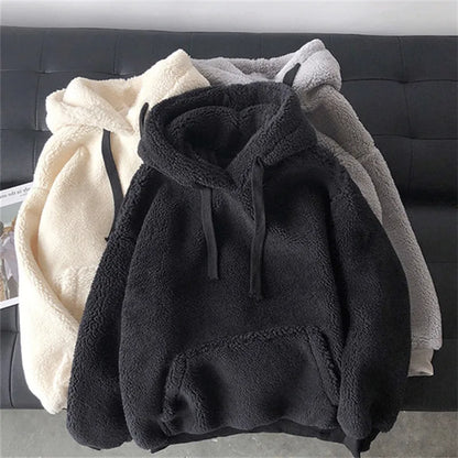 Lamb Wool Hoodies Women's Autumn Winter Korean Style Loose Hooded Sweatshirts Long Sleeve Pullover Patch Pocket Warm Jacket